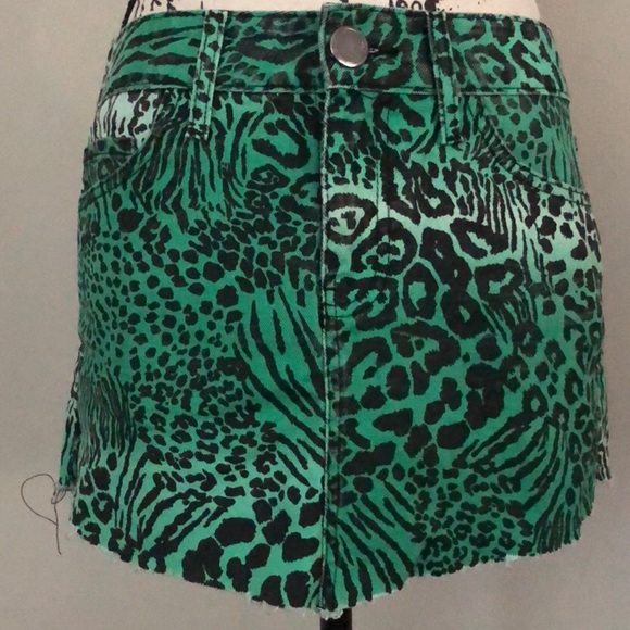 Vintage 90’s  Animal Print Denim Mini Skirt Jade Green Black Size Small S - Picture 2 of 14